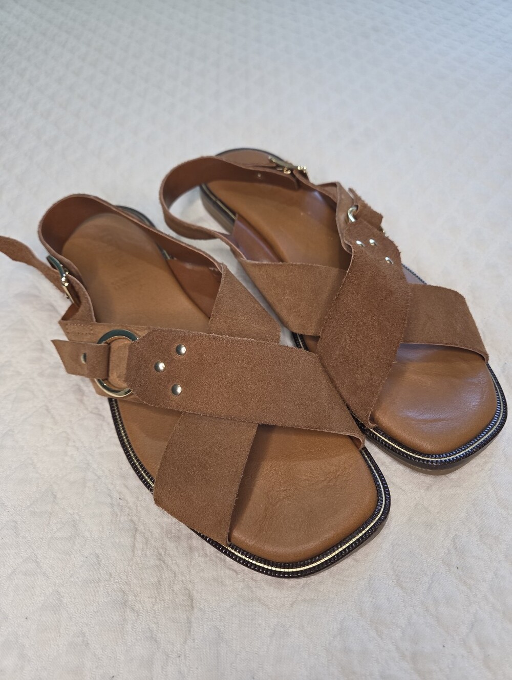 Lottini Sz 8 Brown Suede Slingback Sandals CrissCross Gold Buckle Flats Italy